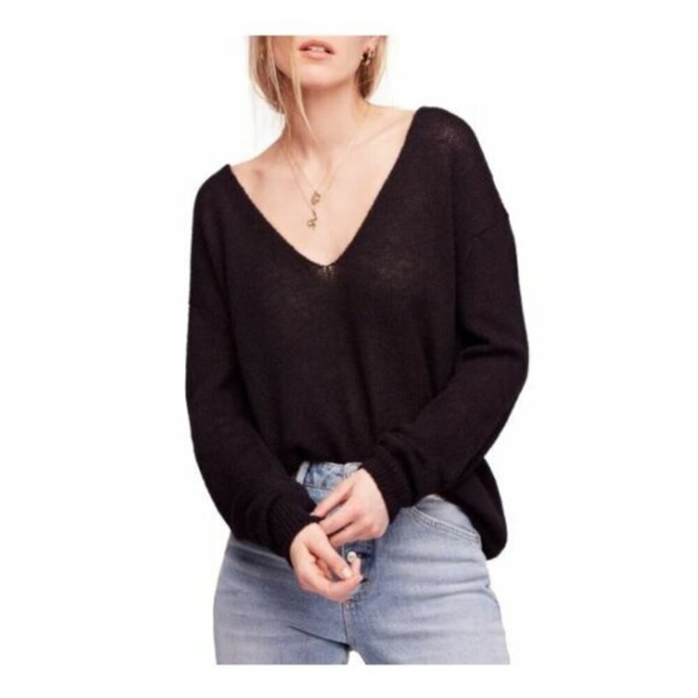 Free People Pullover Gossamer V-Neck Sweater Black Light Knit SZ S New